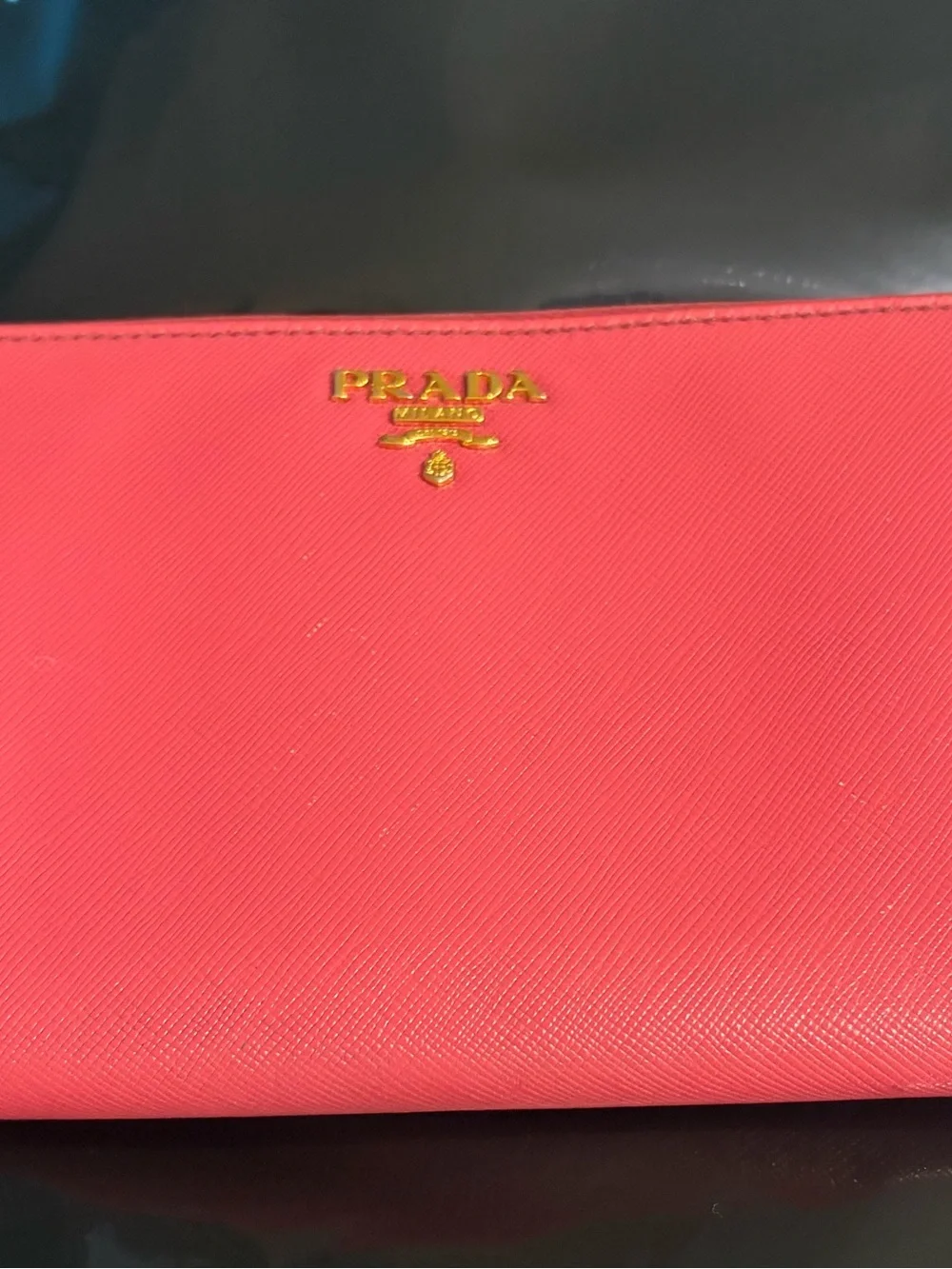 Prada Pink Saffiano Leather Metal Lettering Zip-Around Long Wallet